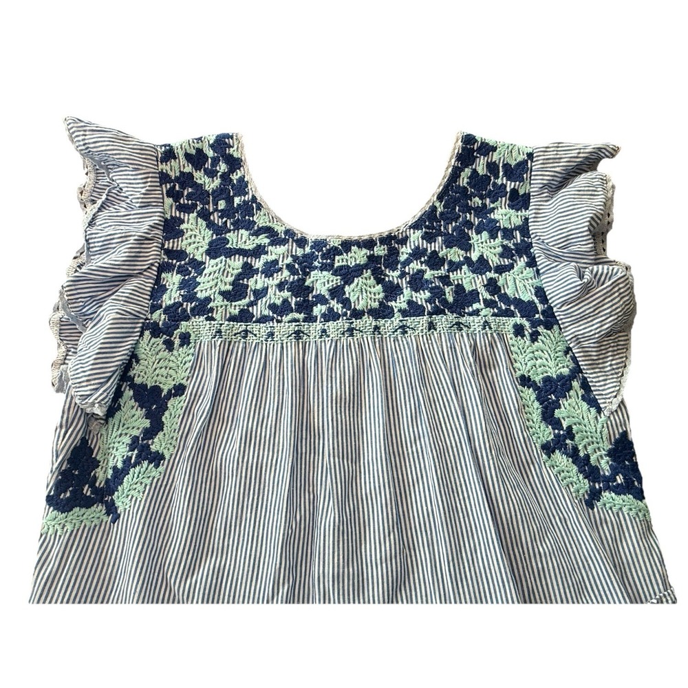 J Marie Kennedy Embroidered Tiered Dress Blue‎ Stripe Flutter Sleeve Boho M - Picture 4 of 9